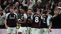 | Photo: AP/Dave Shopland : Aston Villa's John McGinn celebrates with teammates after scoring his side's fourth goal during the English Premier League soccer match between Aston Villa and Liverpool in Birmingham, England, Friday, May 15, 2026. 