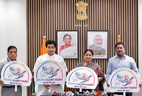Delhi Chief Minister Rekha Gupta, second right, launches the Delhi Talent Hunt Scheme 'Flight of Aspirations 2026-27', in New Delhi. 