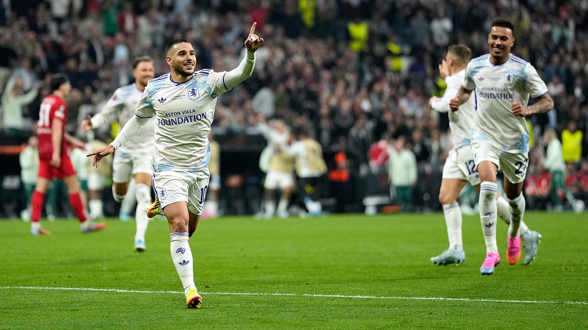 Aston Villa's Emiliano Buendia celebrates after scoring during the Europa League final soccer match between Freiburg and Aston Villa in Istanbul, Turkey. - AP Photo