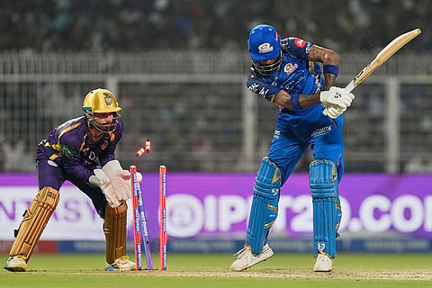 Mumbai Indians' captain Hardik Pandya bowled out by Kolkata Knight Riders' Sunil Narine during the Indian Premier League cricket match between Kolkata Knight Riders and Mumbai Indians, in Kolkata , India.