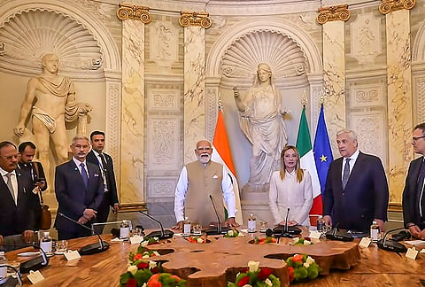 Prime Minister Narendra Modi with Italian Prime Minister Giorgia Meloni during a meeting, in Italy. Union External Affairs Minister S Jaishankar and National Security Advisor (NSI) Ajit Doval are also seen. 