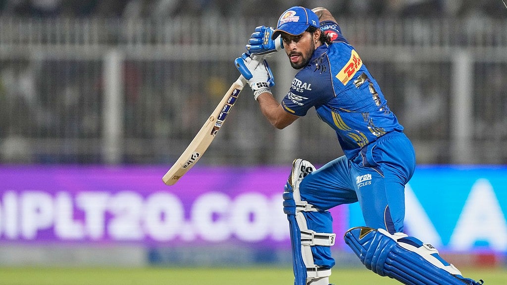 Mumbai Indians' Tilak Varma plays a shot during the Indian Premier League cricket match between Kolkata Knight Riders and Mumbai Indians, in Kolkata , India, Wednesday, May 20, 2026. - AP Photo/Bikas Das