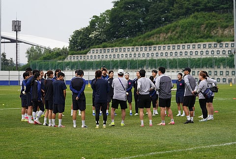 South Korea's Suwon FC Women players gather during a training session ahead of the AFC Women's Champions League semifinal match against North Korea's Naegohyang Women's FC in Suwon, South Korea.