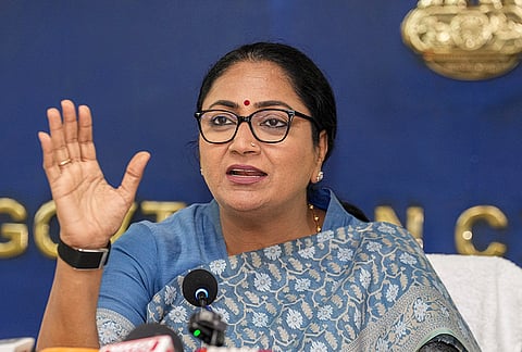 Delhi Chief Minister Rekha Gupta addresses a press conference, in New Delhi. The Delhi government has cancelled more than 7 lakh ration cards and is going to raise the income limit to Rs 2.5 lakh per annum for the fresh issue, CM Gupta said on Thursday. 