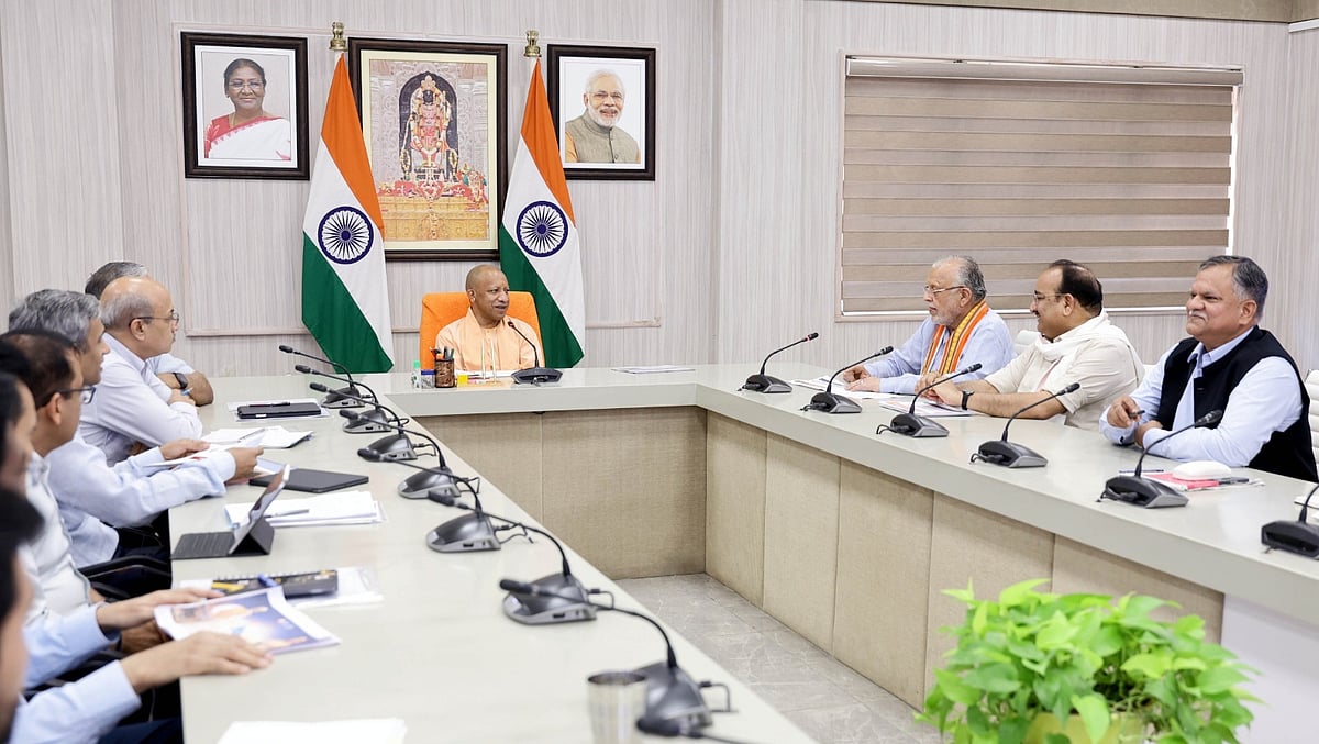 Hon’ble Chief Minister Yogi Adityanath, during a meeting held on 20 May 2026 at his official residence, 5-Kalidas Marg, Lucknow, regarding the development of data clusters, digital entrepreneurship, and exemption in mandi fee and mandi cess on wheat procurement and processing in the state. - null