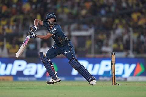 Gujarat Titans' Washington Sundar hits a six during the Indian Premier League cricket match between Gujarat Titans and Chennai Super Kings in Ahmedabad, India.