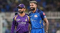 KKR Vs MI, IPL Match Report: Who Won Yesterday In Indian Premier League 2026 Match 65 – Check Result | Photo: PTI/Swapan Mahapatra : Mumbai Indians' captain Hardik Pandya, right, and Kolkata Knight Riders' captain Ajinkya Rahane during the toss before an Indian Premier League (IPL) 2026 T20 cricket match between Kolkata Knight Riders and Mumbai Indians, in Kolkata, West Bengal.