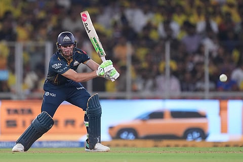 Gujarat Titans' Jos Buttler plays a shot during the Indian Premier League cricket match between Gujarat Titans and Chennai Super Kings in Ahmedabad, India.