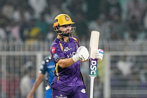 Kolkata Knight Riders' Rinku Singh celebrates the team's win after the Indian Premier League (IPL) 2026 T20 cricket match between Kolkata Knight Riders and Mumbai Indians, in Kolkata, West Bengal.