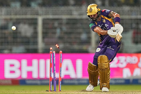 Kolkata Knight Riders' Manish Pandey bowled out by Mumbai Indians' Jasprit Bumrah during the Indian Premier League cricket match between Kolkata Knight Riders and Mumbai Indians, in Kolkata, India.