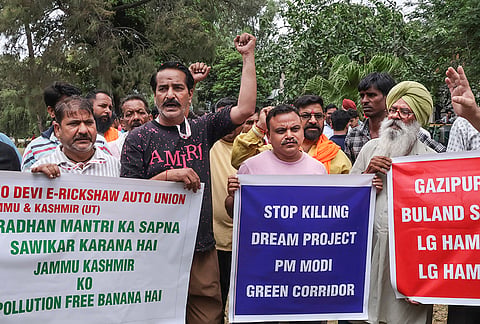 Shri Mata Vaishno Devi E-Rickshaw and E-Auto Union members take out a protest rally demanding revision of the recently mandated meter installation process and opposing the unviable fare structure, in Jammu, Jammu and Kashmir.