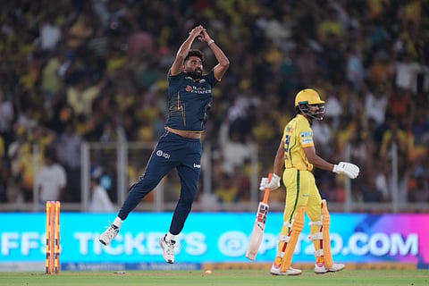Gujarat Titans' Mohammed Siraj celebrates the wicket of Chennai Super Kings' captain Ruturaj Gaikwad during the Indian Premier League cricket match between Gujarat Titans and Chennai Super Kings in Ahmedabad, India, Thursday, May 21, 2026