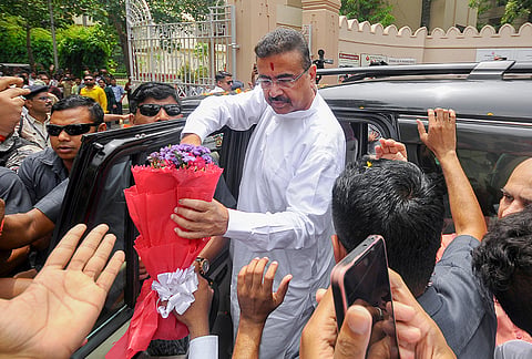 West Bengal Chief Minister Suvendu Adhikari being greeted by supporters during a visit to Belur Math, in Howrah district.