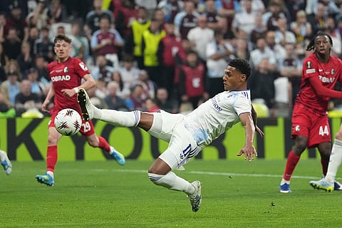 Aston Villa's Ollie Watkins goes for the ball during the Europa League final soccer match between Freiburg and Aston Villa in Istanbul, Turkey.