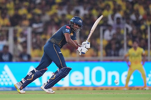 Gujarat Titans' Sai Sudharsan plays a shot during the Indian Premier League cricket match between Gujarat Titans and Chennai Super Kings in Ahmedabad, India.