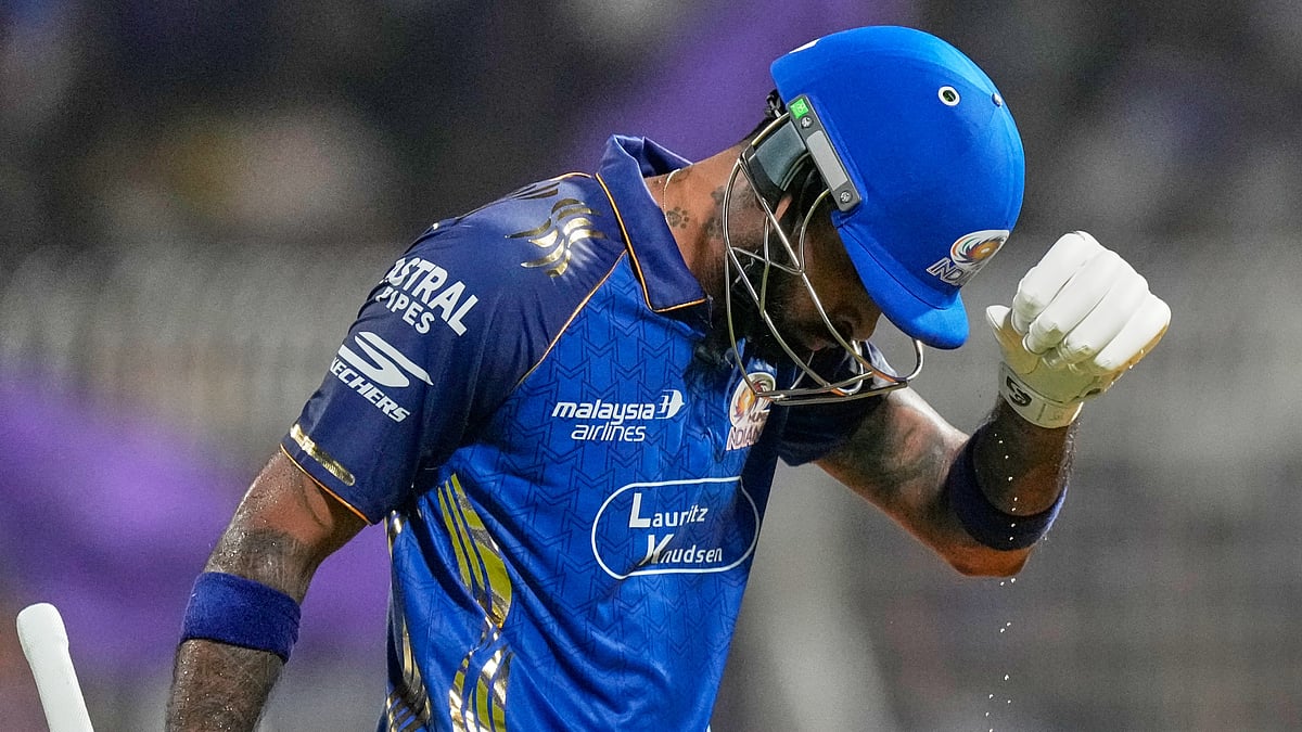 Mumbai Indians' captain Hardik Pandya leaves the ground after losing his wicket during the Indian Premier League cricket match between Kolkata Knight Riders and Mumbai Indians, in Kolkata , India, Wednesday, May 20, 2026. - (AP Photo/Bikas Das)