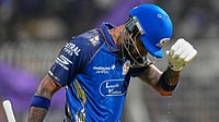 (AP Photo/Bikas Das) : Mumbai Indians' captain Hardik Pandya leaves the ground after losing his wicket during the Indian Premier League cricket match between Kolkata Knight Riders and Mumbai Indians, in Kolkata , India, Wednesday, May 20, 2026.