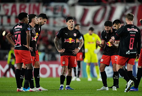 Players of Brazil's Red Bull Bragantino react at the end of a Copa Sudamericana Group H soccer match against Argentina's River Plate in Buenos Aires, Argentina.