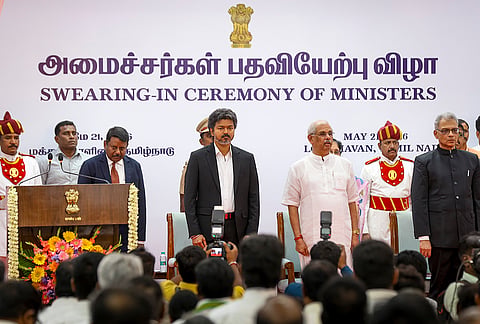 Tamil Nadu Governor Rajendra Vishwanath Arlekar, Chief Minister C Joseph Vijay and others during the swearing-in ceremony of the new cabinet ministers at the Lok Bhavan, in Chennai.