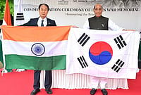 Rajnath Singh Inaugurates Indian War Memorial In South Korea | Photo: PIB via PTI : Defence Minister Rajnath Singh and South Korean Minister of Patriots and Veterans Affairs Kwon Oh-eul during the commemoration ceremony of the Indian War Memorial, in Seoul, South Korea.