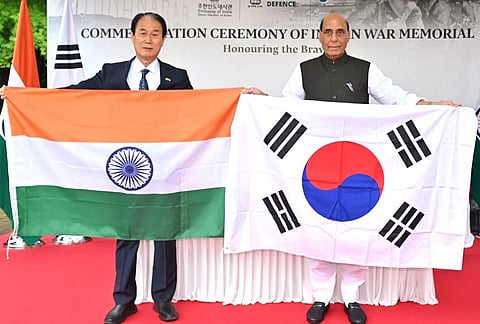 Defence Minister Rajnath Singh and South Korean Minister of Patriots and Veterans Affairs Kwon Oh-eul during the commemoration ceremony of the Indian War Memorial, in Seoul, South Korea. 