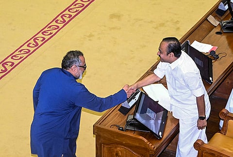 Kerala Chief Minister V D Satheesan congratulates BJP leader Rajeev Chandrasekhar after he took oath as MLA from Nemom during the swearing-in ceremony of the newly elected MLAs of the 16th state Legislative Assembly, in Thiruvananthapuram. 