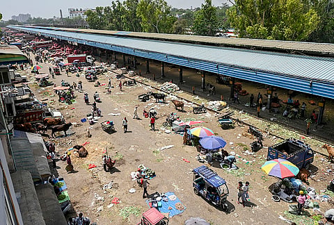 A top view of the relatively deserted Azadpur Mandi area during the second day of the three-day strike call by All India Motor Transport Congress (AIMTC) to protest against the city government's decision to hike the environment compensation cess on commercial vehicles, in New Delhi.