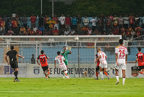 Inter Kashi's goalkeeper Arindam Bhattacharya saves a goal attempt during the Indian Super League (ISL) 2026 football match between East Bengal vs Inter Kashi, in Kolkata.