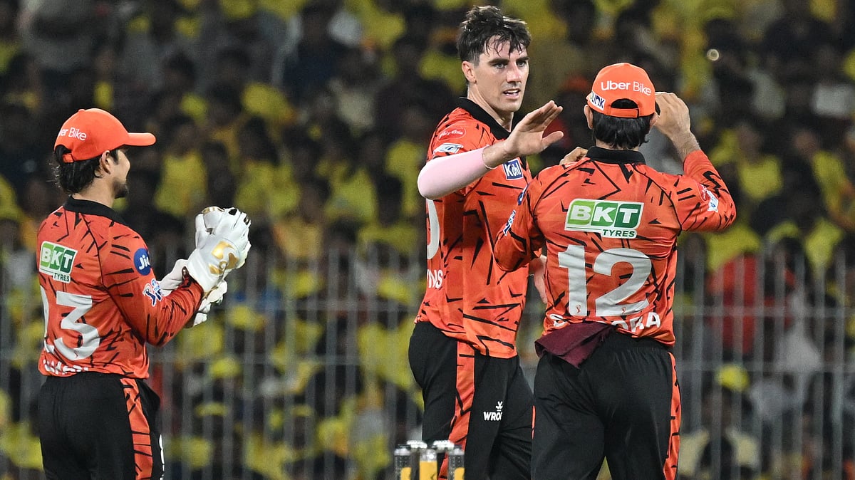 Sunrisers Hyderabad’s Pat Cummins celebrates the wicket of Chennai Super Kings’ captain Ruturaj Gaikwad with with teammates during the Indian Premier League cricket match between Chennai Super Kings’ and Sunrisers Hyderabad in Chennai, India, Monday, May 18, 2026.  - | Photo: AP