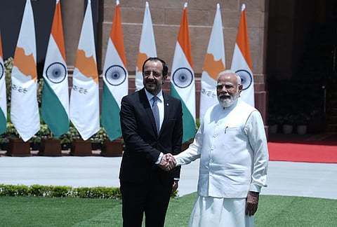Prime Minister Narendra Modi, right, shakes hands with Cyprus President Nikos Christodoulides before a meeting at the Hyderabad House, in New Delhi.