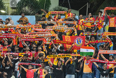 Spectators during the Indian Super League (ISL) 2026 football match between East Bengal vs Inter Kashi, in Kolkata.