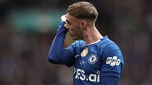 (AP Photo/Richard Pelham) : Chelsea's Cole Palmer wipes his nose during the English FA Cup final soccer match between Chelsea and Manchester City in London, Saturday, May 16, 2026