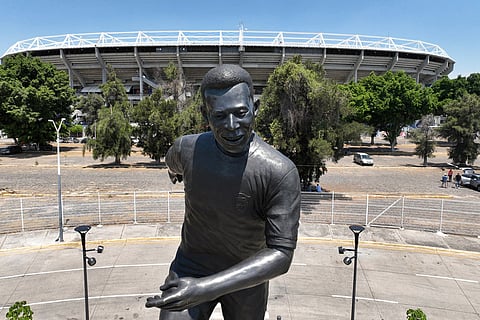 A statue of Brazilian soccer player Pele stands after its unveiling outside Jalisco Stadium in Guadalajara, Mexico, Thursday, May 21, 2026. ()