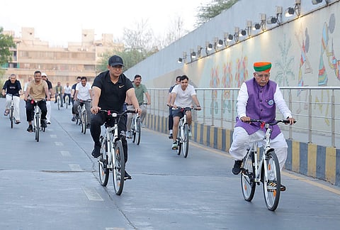 Union Law and Justice Minister Arjun Ram Meghwal, delegates and officials ride bicycles as they arrive for the 'BRICS Justice Ministers' Meeting 2026', in Gandhinagar. 