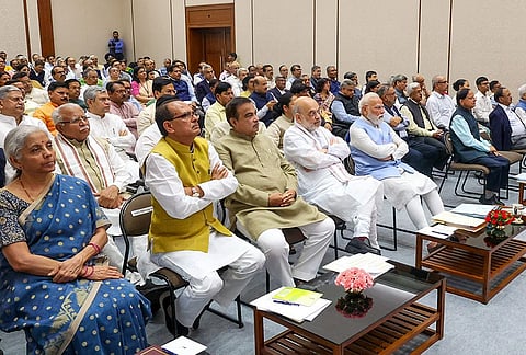 Prime Minister Narendra Modi, Home Minister Amit Shah, Finance Minister Nirmala Sitharaman, Road Transport and Highways Minister Nitin Gadkari, Agriculture and Farmers Welfare Minister Shivraj Singh Chouhan, National Security Advisor (NSA) Ajit Doval and others during the meeting of the council of ministers, in New Delhi. 