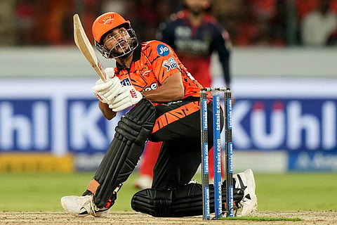 Sunrisers Hyderabad's Nitish Kumar Reddy plays a shotduring the Indian Premier League cricket match between Sunrisers Hyderabad and Royal Challengers Bengaluru in Hyderabad, India.