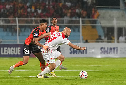 East Bengal and Inter Kashi players vie for the ball during the Indian Super League (ISL) 2026 football match between East Bengal vs Inter Kashi, in Kolkata.
