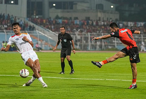 Players of East Bengal and Inter Kashi vie for the ball during the Indian Super League (ISL) 2026 football match between East Bengal vs Inter Kashi, in Kolkata.