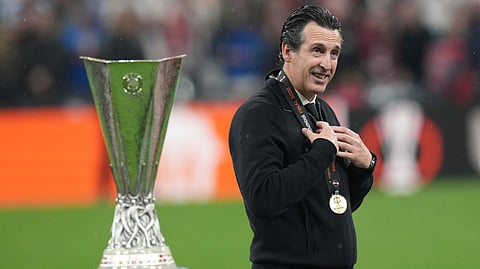 Aston Villa’s head coach Unai Emery smiles after the Europa League final soccer match between Freiburg and Aston Villa in Istanbul, Turkey, Thursday, May 21, 2026.