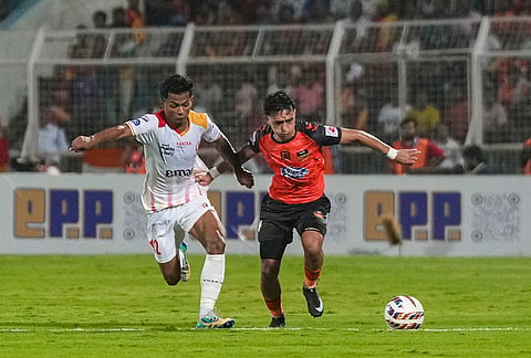 Players of East Bengal and Inter Kashi vie for the ball during the Indian Super League (ISL) 2026 football match between East Bengal vs Inter Kashi, in Kolkata.