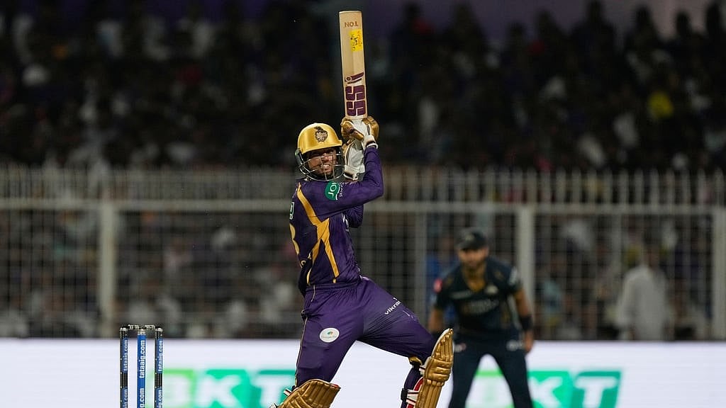 Kolkata Knight Riders' Angkrish Raghuvanshi hits a six during the Indian Premier League cricket match between Gujarat Titans and Kolkata Knight Riders, in Kolkata. - | Photo: AP/Bikas Das