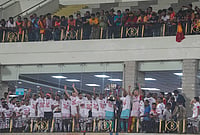 | Photo: PTI/Swapan Mahapatra : East Bengal players celebrate with the trophy after their team's victory in the Indian Super League (ISL) 2026 football match against Inter Kashi, in Kolkata.