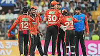 | Photo: AP/Rafiq Maqbool : Sunrisers Hyderabad's Eshan Malinga, second left, celebrates with teammates the wicket of Mumbai Indians' Suryakumar Yadav during the Indian Premier League cricket match between Mumbai Indians and Sunrisers Hyderabad in Mumbai, India.