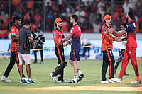 | Photo: PTI/Salman Ali : Royal Challengers Bengaluru's Virat Kohli greets Sunrisers Hyderabad's Ishan Kishan while Sunrisers Hyderabad's Travis Head interacts with Royal Challengers Bengaluru's Devdutt Padikkal, right, after SRH's win in the Indian Premier League (IPL) 2026 T20 cricket match between Sunrisers Hyderabad and Royal Challengers Bengaluru in Hyderabad, Telangana.
