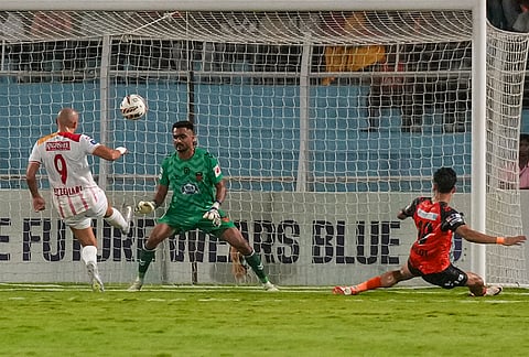 Inter Kashi's goalkeeper Arindam Bhattacharya attempts to save a goal during the Indian Super League (ISL) 2026 football match between East Bengal vs Inter Kashi, in Kolkata.