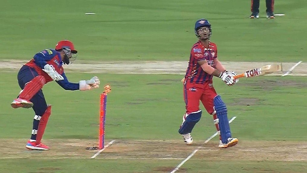 Prabhsimran Singh stumps Ayush Badoni for 43 at the Ekana Cricket Stadium on May 23. - Screengrab
