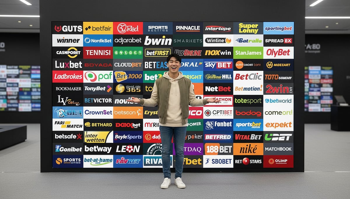 Person standing in front of a wall of colorful betting and gaming brand logos.