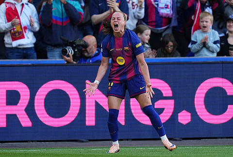 Barcelona's Ewa Pajor, celebrates after scoring the opening goal during the Women's Champions League final soccer match between FC Barcelona and OL Lyonnes, in Oslo.