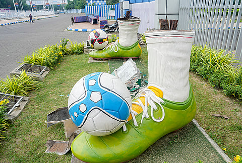 The controversial football-themed sculpture outside the Salt Lake Stadium designed by former chief minister Mamata Banerjee was removed by the West Bengal government, in Kolkata, West Bengal.