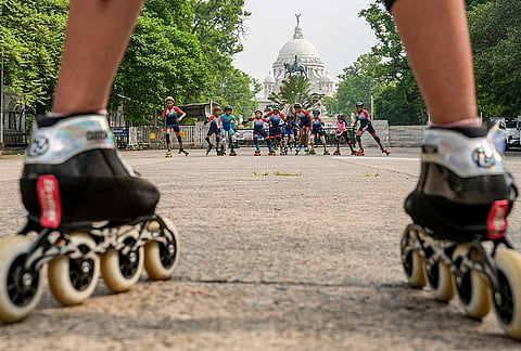 Students participate in skating sessions outside the Victoria Memorial, in Kolkata, West Bengal.